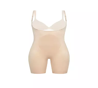 Spanx Thinstincts Open Bust Mid Thigh Bodysuit Soft Nude Beige